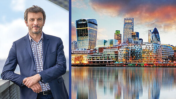 Photographie de Londres, quartier La City, et de Nicolas Berland pour le lancement du London Executive MBA de l'Université Paris Dauphine-PSL